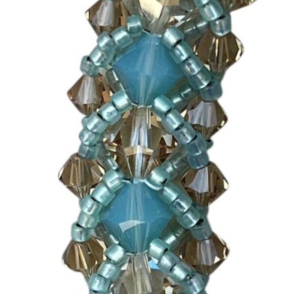 Aquamarine Blue and Golden Beige Flat Spiral Stitch Seed Bead Bracelet 8.5 - Picture 3 of 4